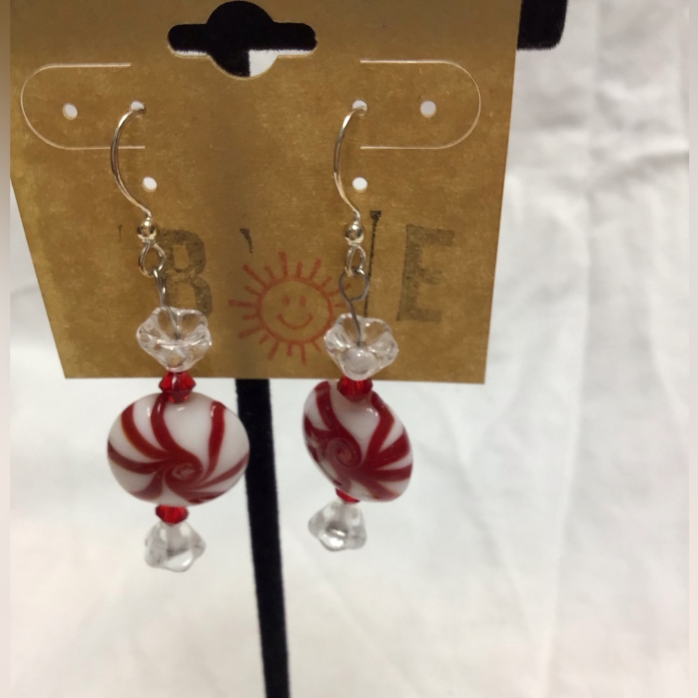 Festive Red and White Swirl Earrings with Crystal Accents